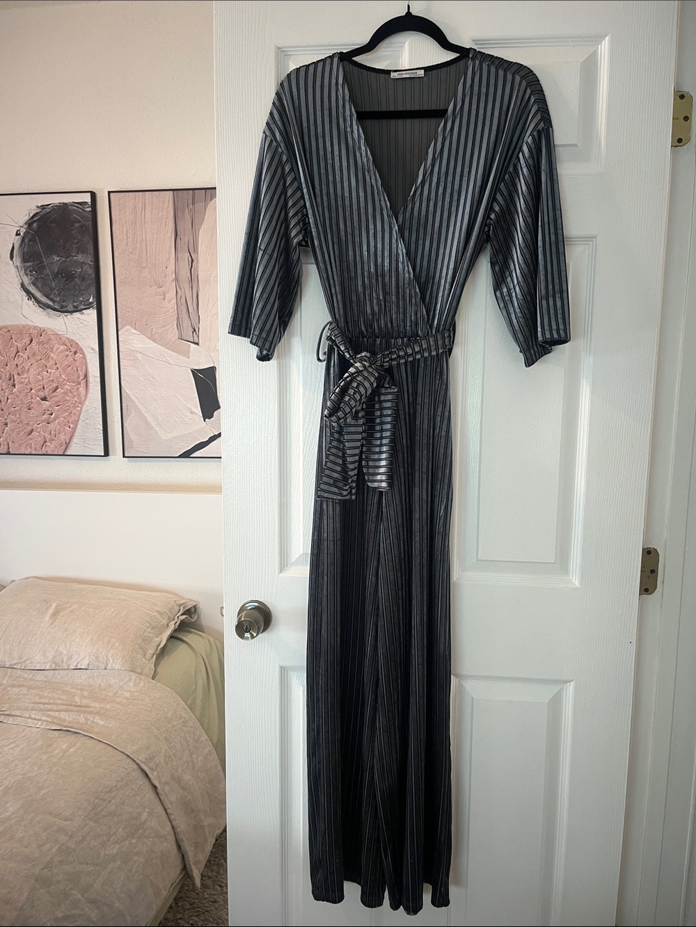 Zara Black & Silver Striped Wrap Jumpsuit